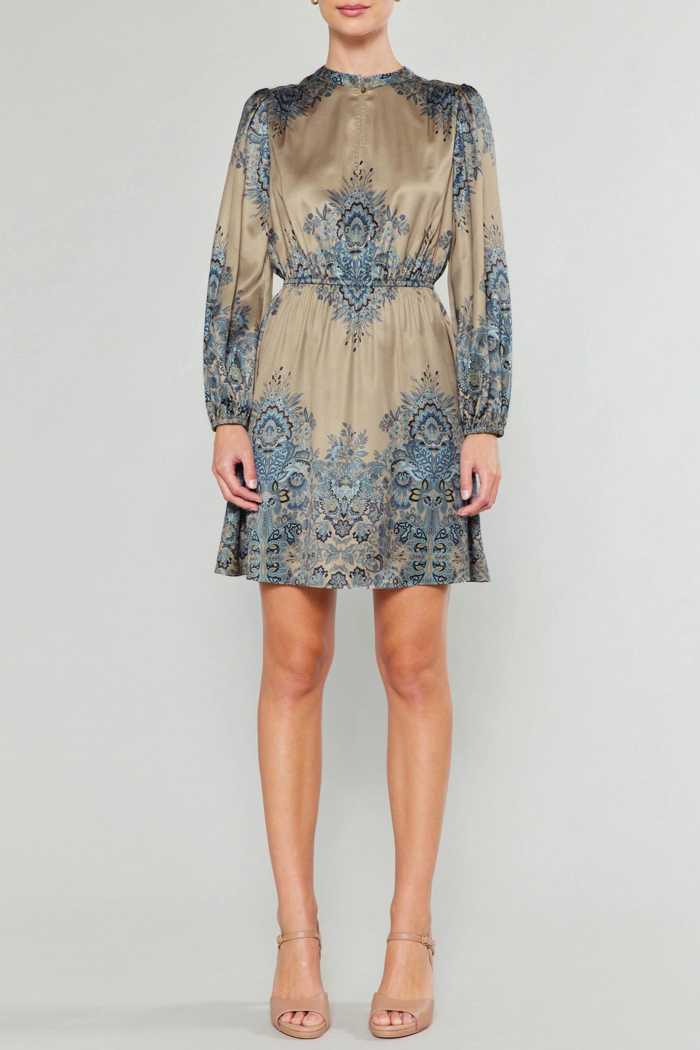 Mandarin Collar Dress Taupe Blue Multi / L Mandarin Collar Dress Taupe Blue Multi / L