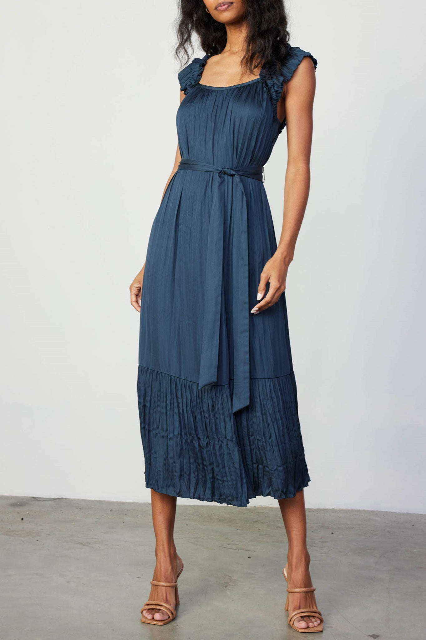 Ruffled Shoulder Midi Dress Slate Navy / M
