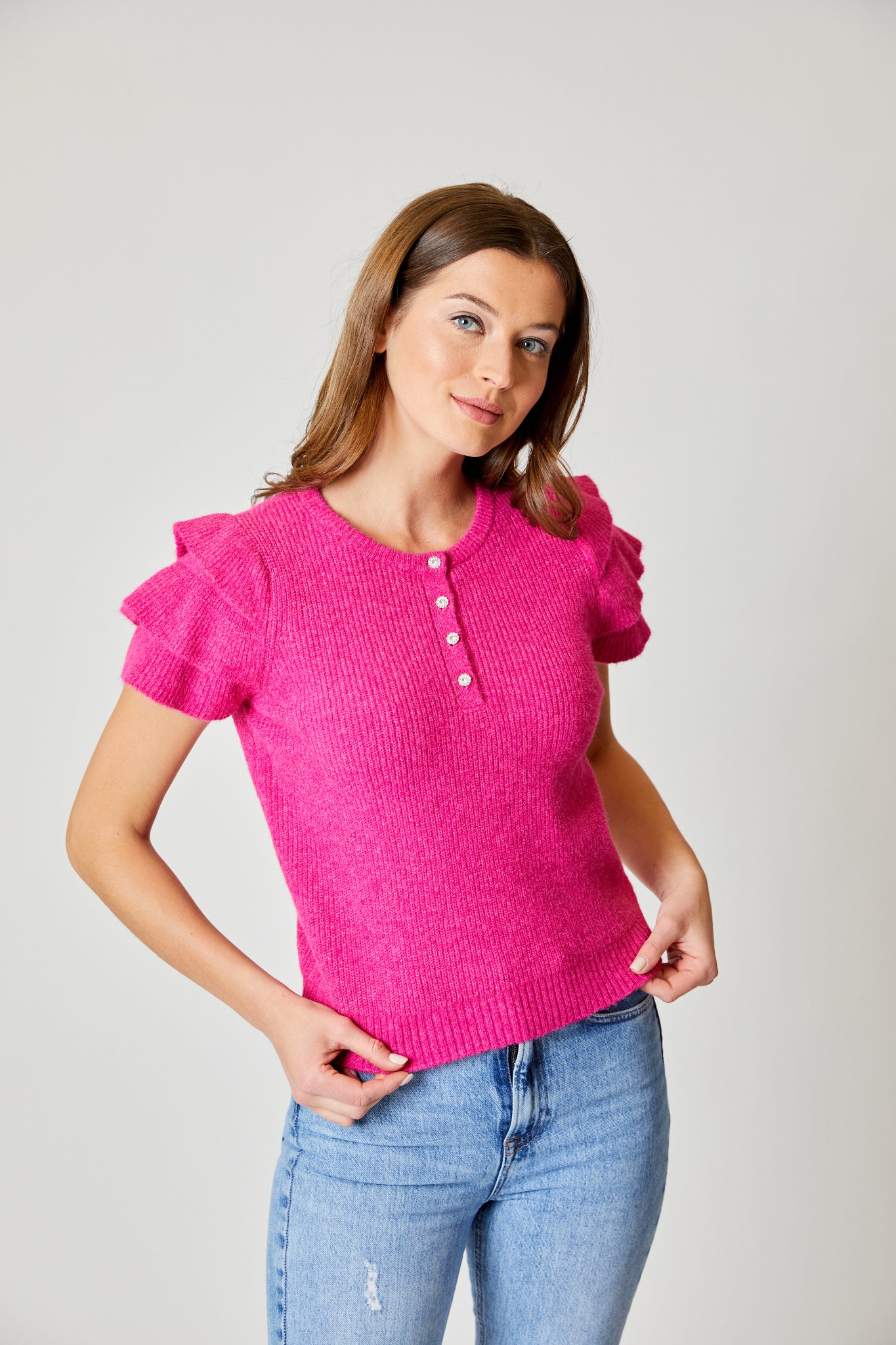 Ruffle Crystal Button Sweater Clothesline Clothing Co.