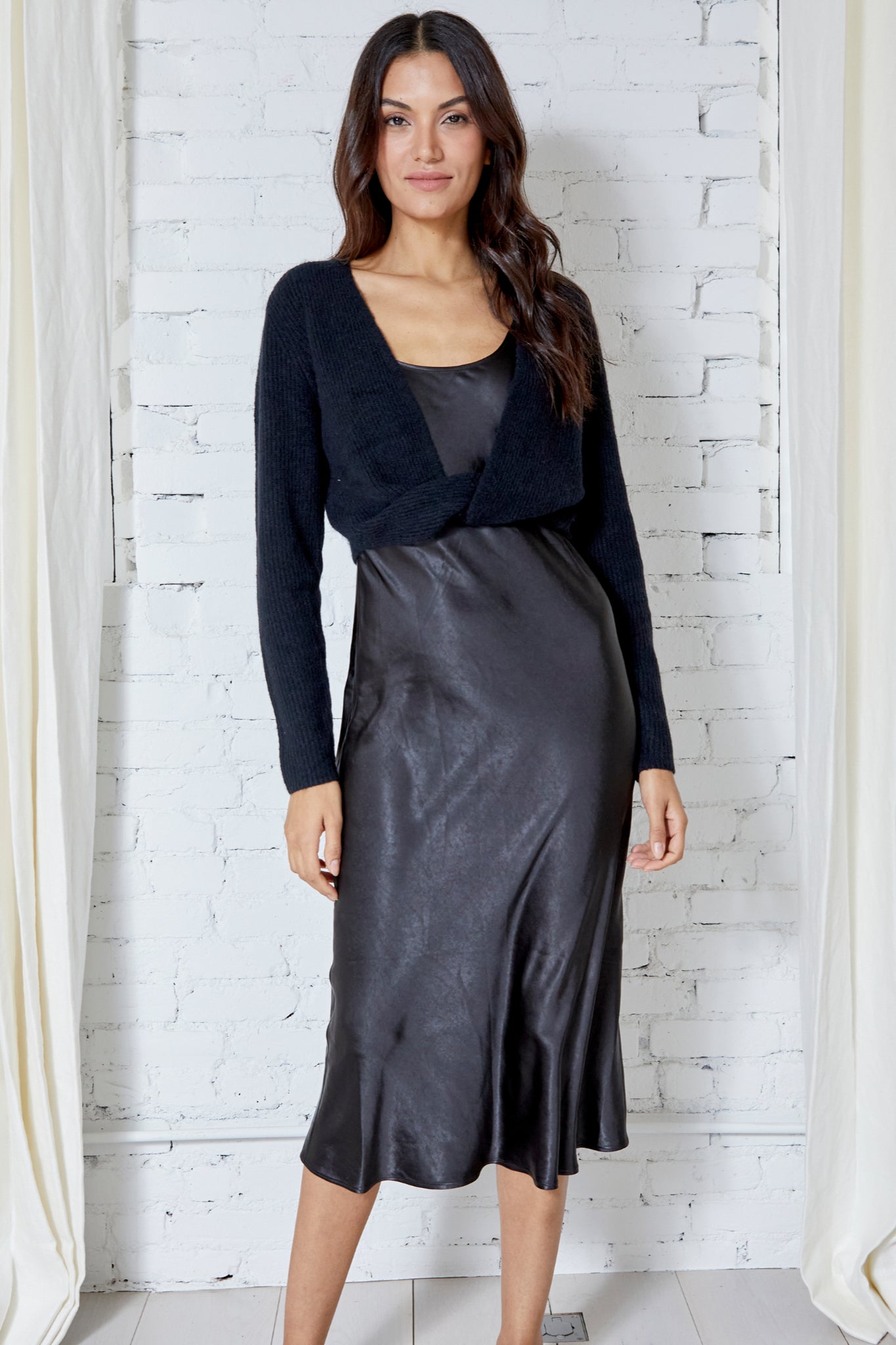 satin dress sweater Long Sleeve Satin High Neck, Close Call Sweater Maxi Dress Set in Black/White, Size S, For Office