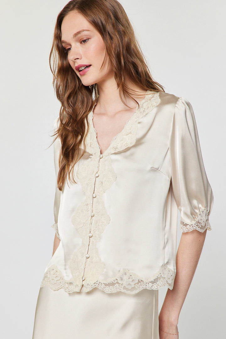 Button Front Lace Trim Top