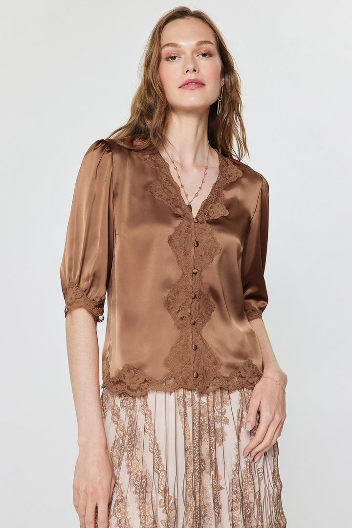 Button Front Lace Trim Top