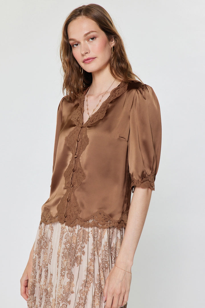 Button Front Lace Trim Top