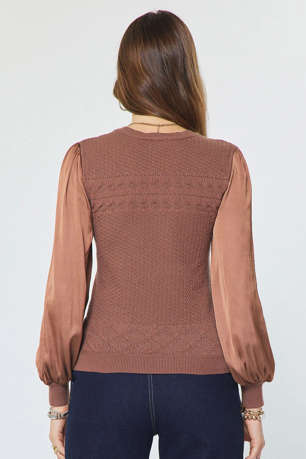Knit Sweater w Woven Sleeves