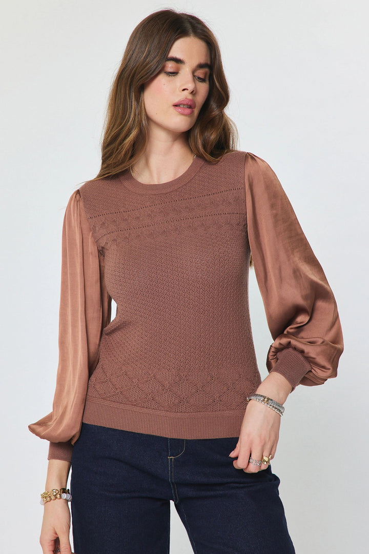 Knit Sweater w Woven Sleeves