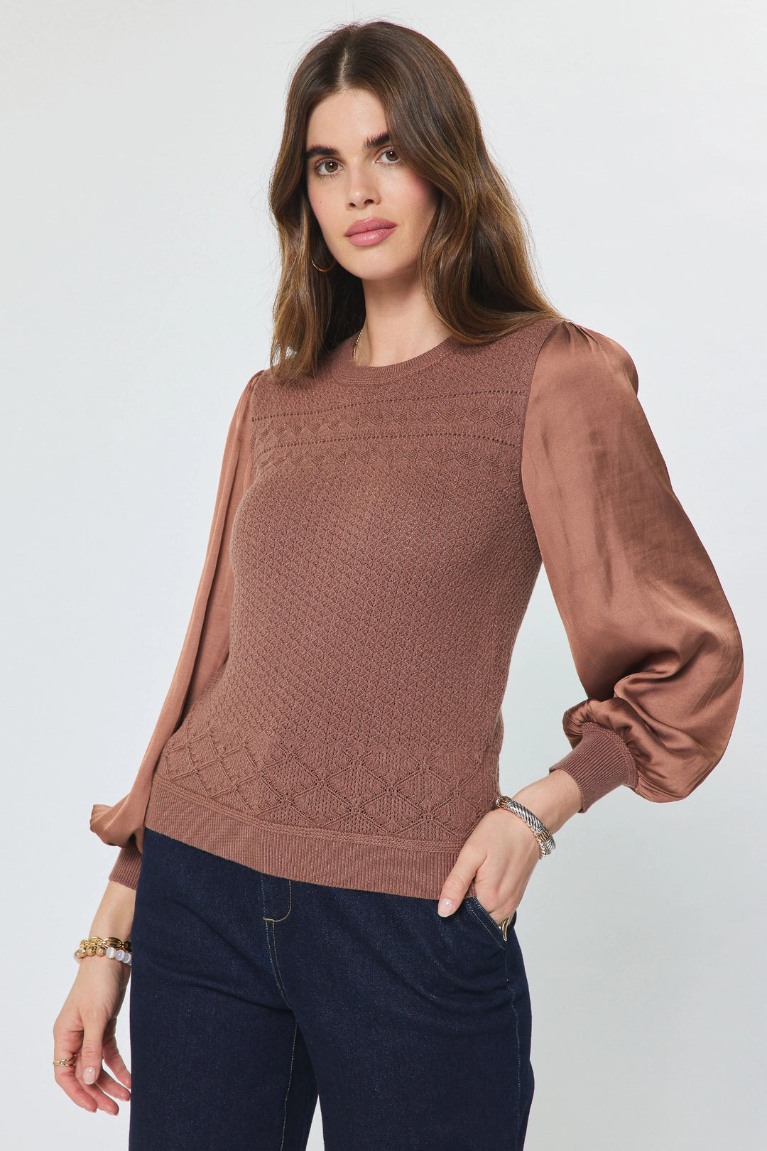 Knit Sweater w Woven Sleeves