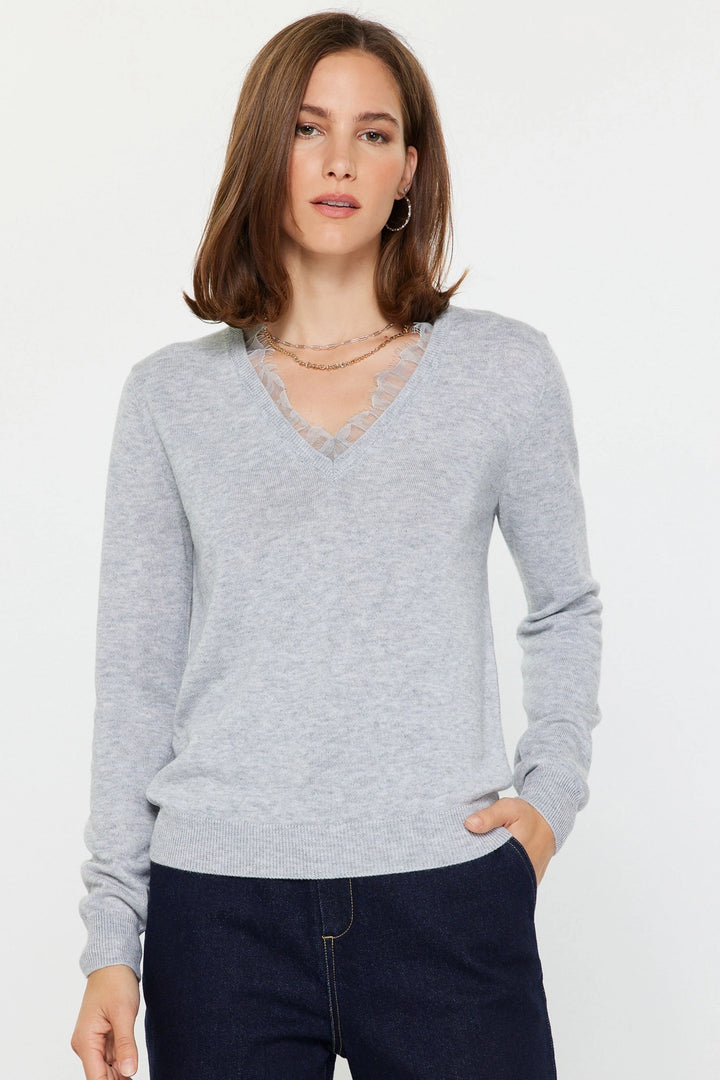 Lace Trim V Neck Sweater
