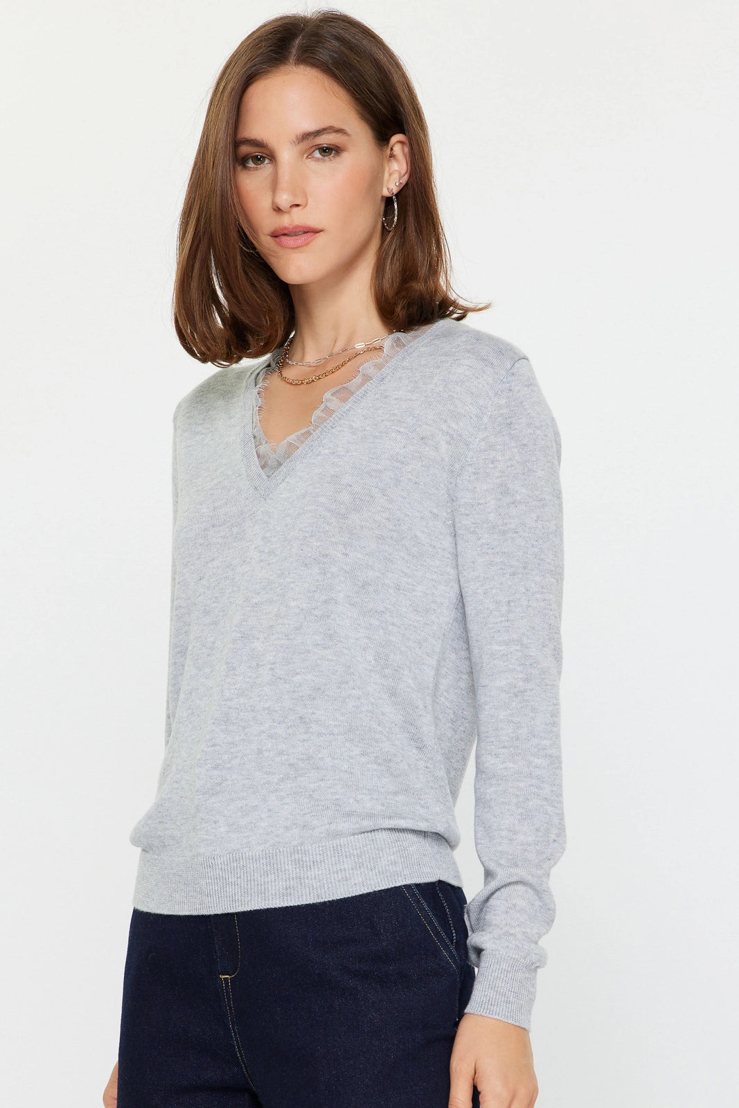 Lace Trim V Neck Sweater