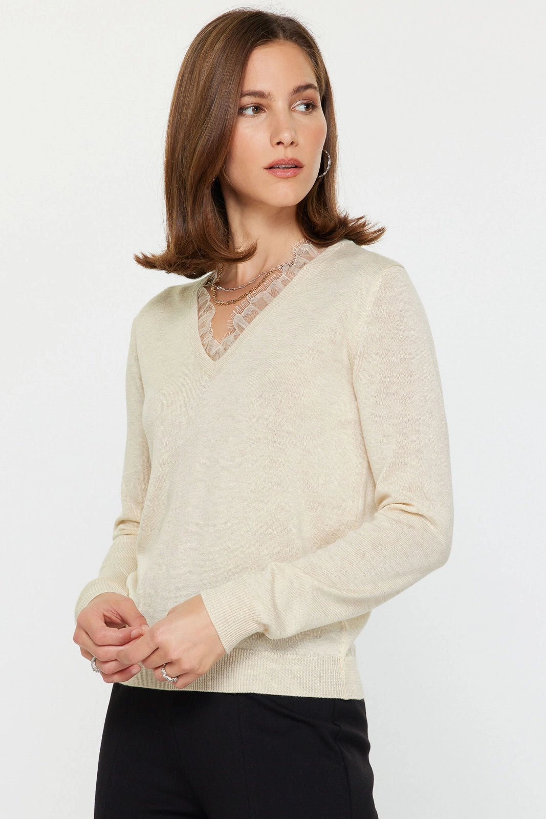Lace Trim V Neck Sweater