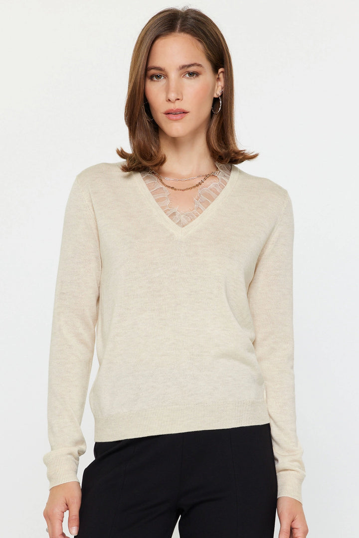 Lace Trim V Neck Sweater