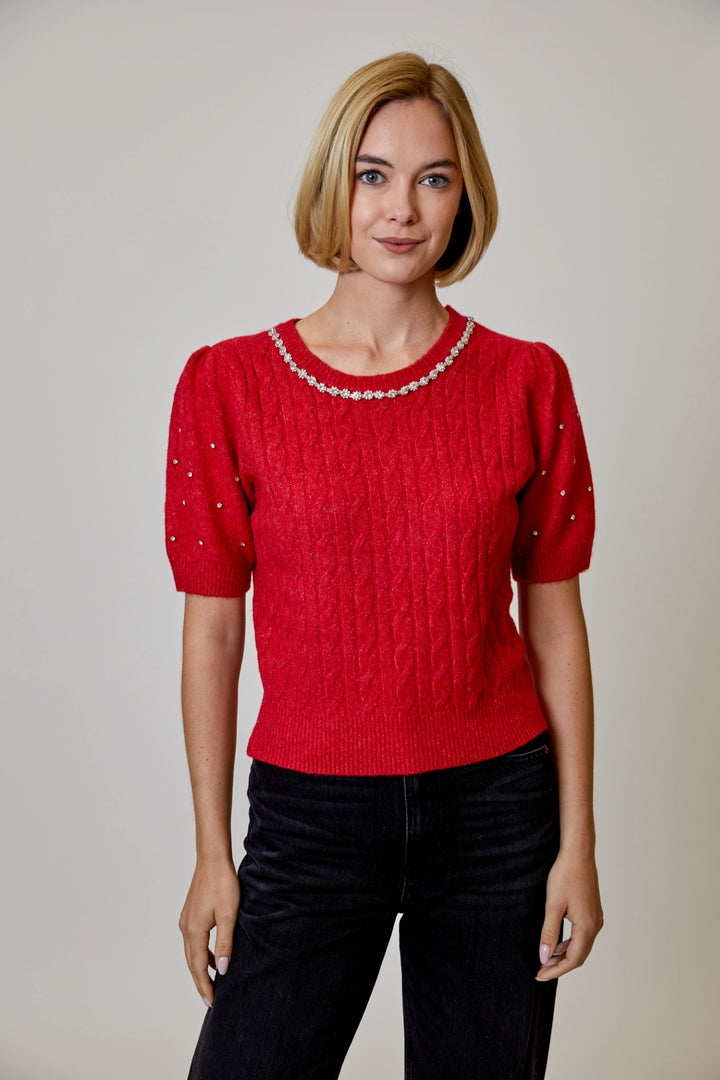 Rhinestone Short Sleeve Sweater