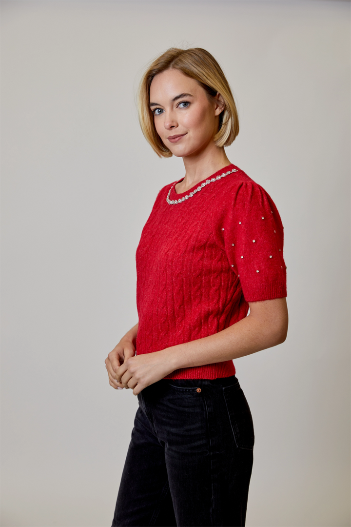 Rhinestone Short Sleeve Sweater