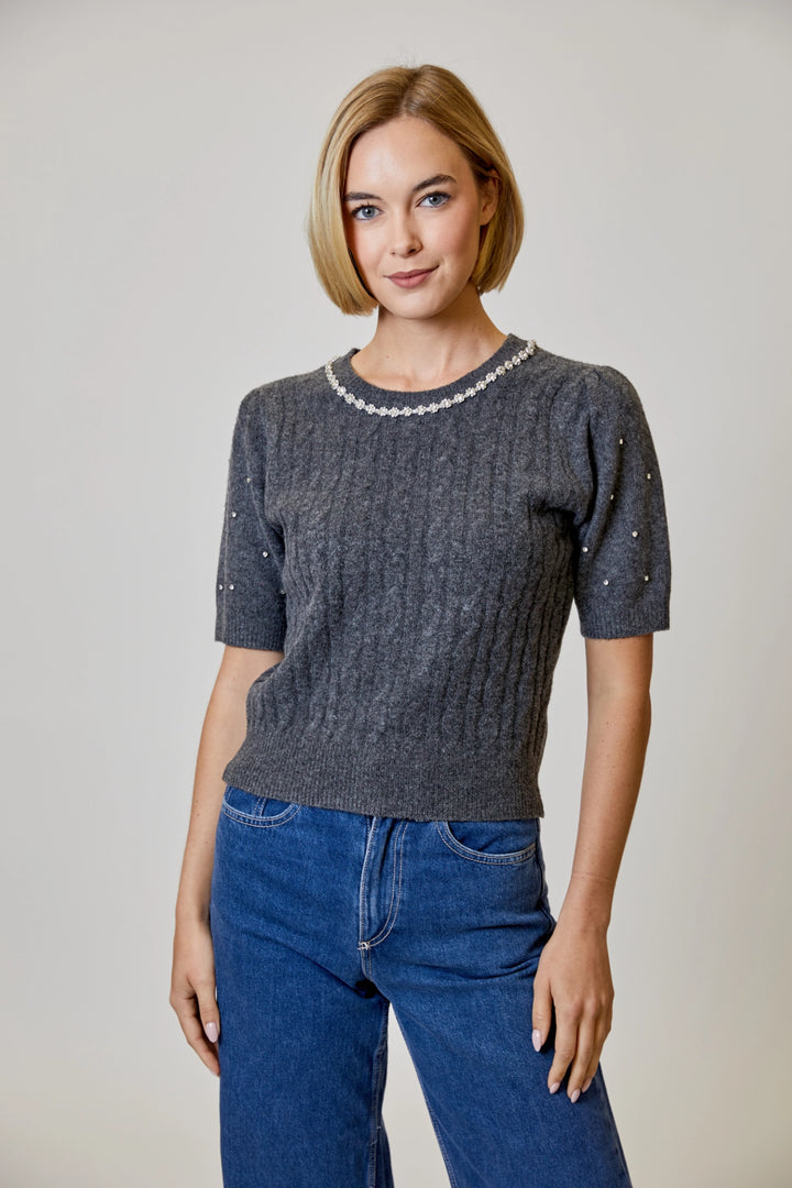 Rhinestone Short Sleeve Sweater