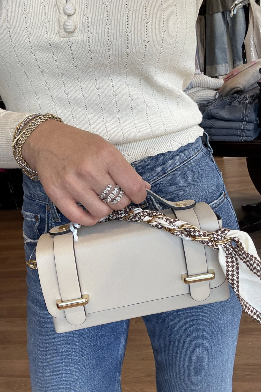 Structured Mini Bag with Chain Scarf  Detail
