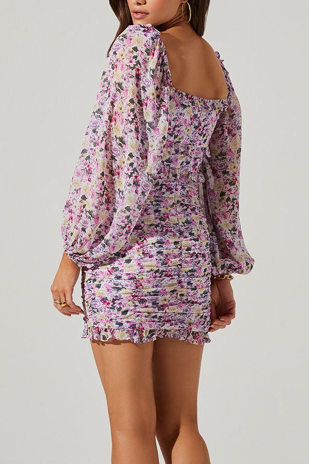 ASTR the Label Ruched Long Sleeve Minidress in Purple Fuchsia Floral at Nordstrom, Size Small ASTR the Label Ruched Long Sleeve Minidress in Purple Fuchsia Floral at Nordstrom, Size Small