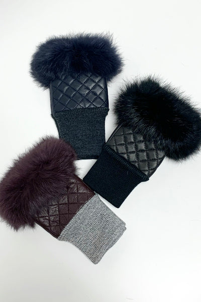 Fur Trim Quilted Leather Fingerless Gloves