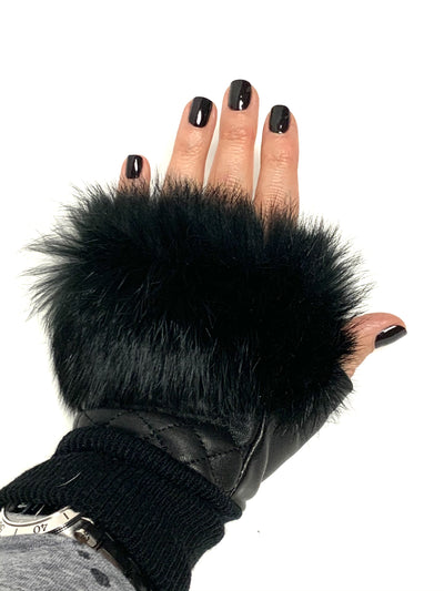 Fur Trim Quilted Leather Fingerless Gloves