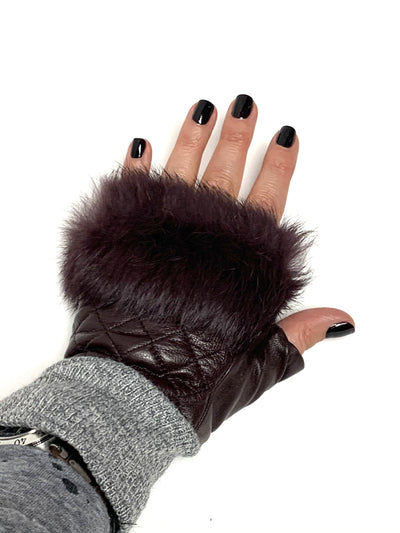 Fur Trim Quilted Leather Fingerless Gloves