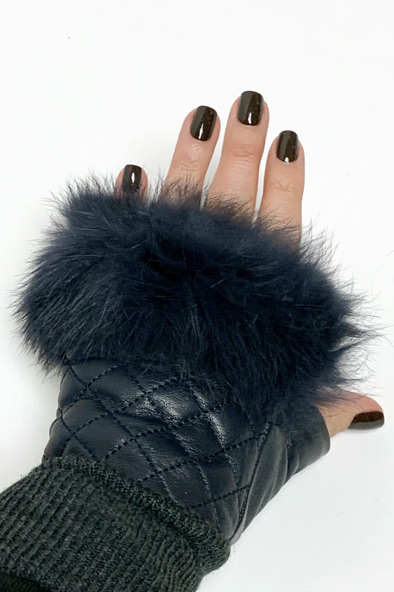 Fur Trim Quilted Leather Fingerless Gloves