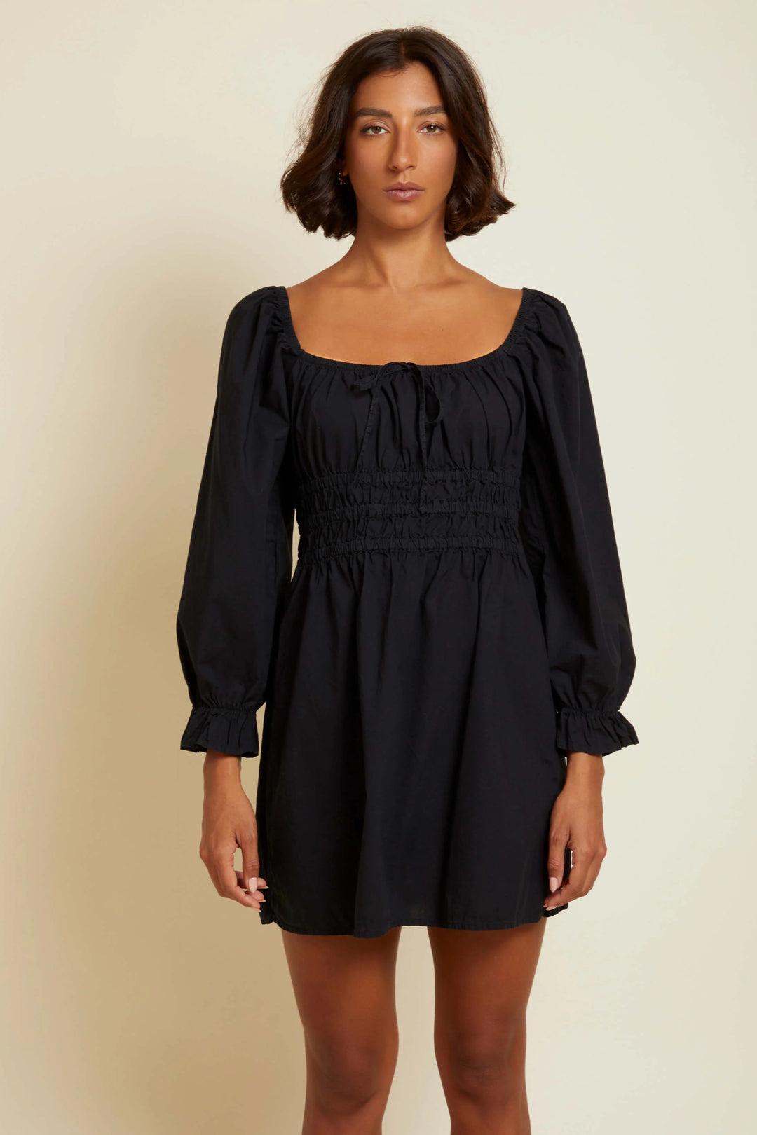 cotton gathered mini dress Cotton Poplin Gathered U-Neck Mini Dress Annabel
