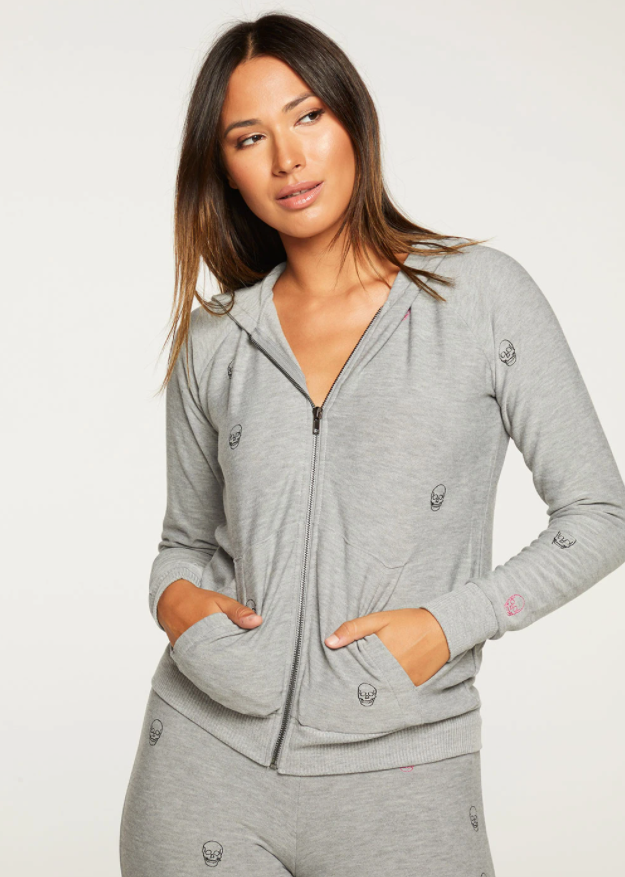 Tiny Embroidered Skulls Zip Hoodie