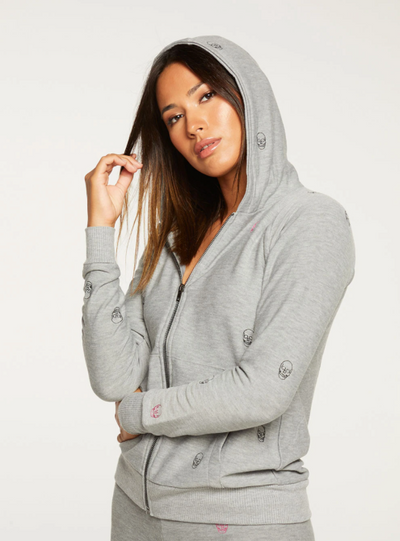 Tiny Embroidered Skulls Zip Hoodie